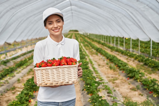Mujer joven positiva sosteniendo una cesta de mimbre con fresas maduras mientras está de pie en el invernadero