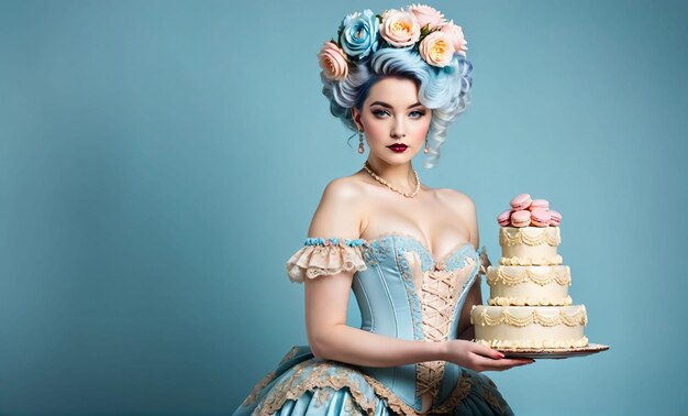 Mujer joven con postre Updo peinado barroco