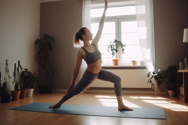 Mujer joven practicando yoga en casa generativa ai