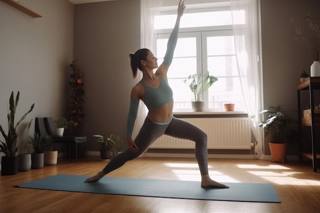 Mujer joven practicando yoga en casa generativa ai