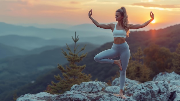 Mujer joven practicando yoga en la cima de una montaña al atardecer