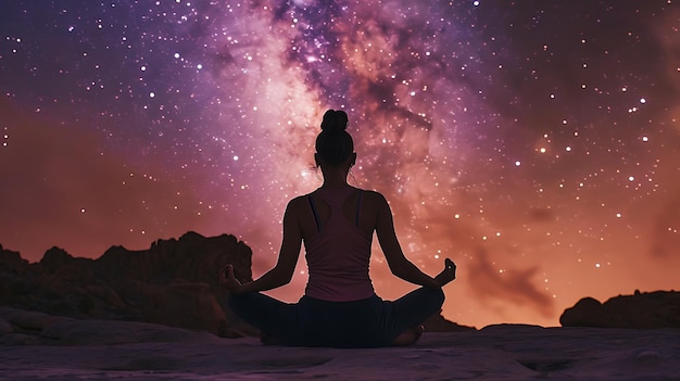 Mujer joven practicando yoga en la cima de una montaña