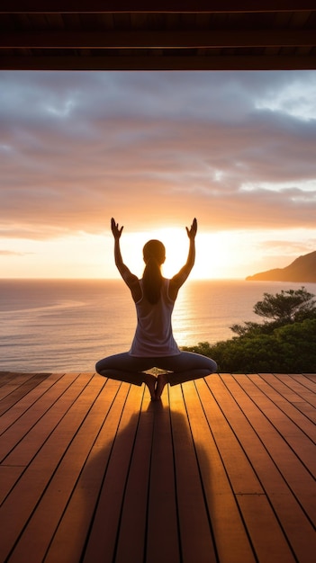 Una mujer joven practicando yoga en una cubierta de madera con vistas al océano