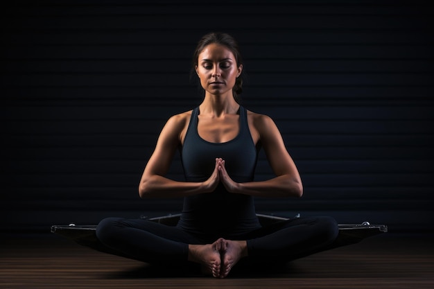 Mujer joven practicando yoga en una habitación oscura sentada en posición de loto Experiente joven entrenadora de yoga realizando pose de barco en alfombra negra Generada por IA