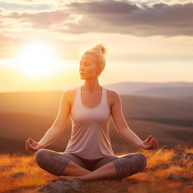 Mujer joven practicando yoga en las montañas al atardecer concepto de estilo de vida saludable