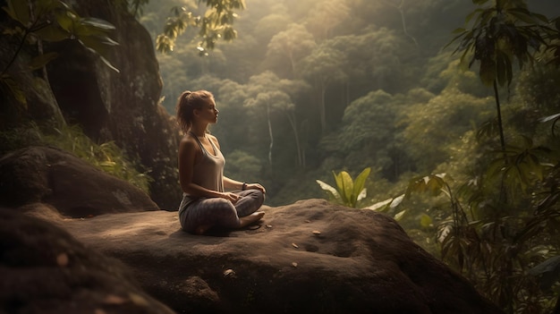 Mujer joven practicando Yoga en la naturaleza meditación amor AI generativa