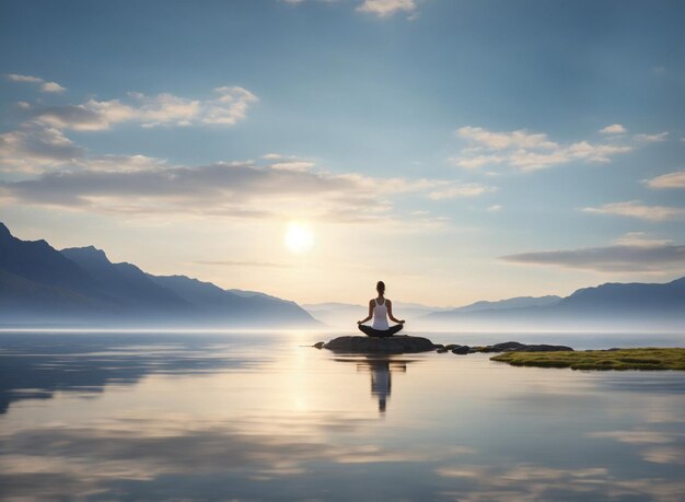 Una mujer joven practicando yoga o meditando en el tranquilo paisaje natural relajando el equilibrio de la vida