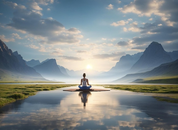 Una mujer joven practicando yoga o meditando en el tranquilo paisaje natural relajando el equilibrio de la vida