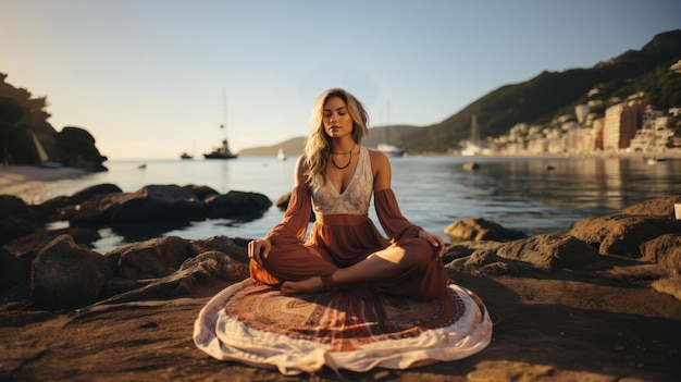 Mujer joven practicando yoga en la orilla del mar a la hora del atardecer