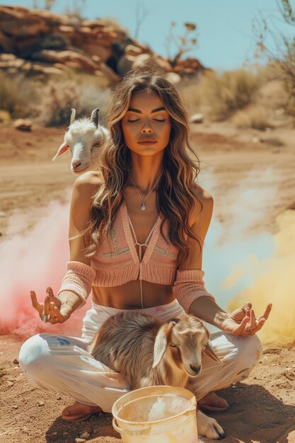 Mujer joven practicando yoga en el paisaje del desierto con cabras en medio del colorido humo pacífico