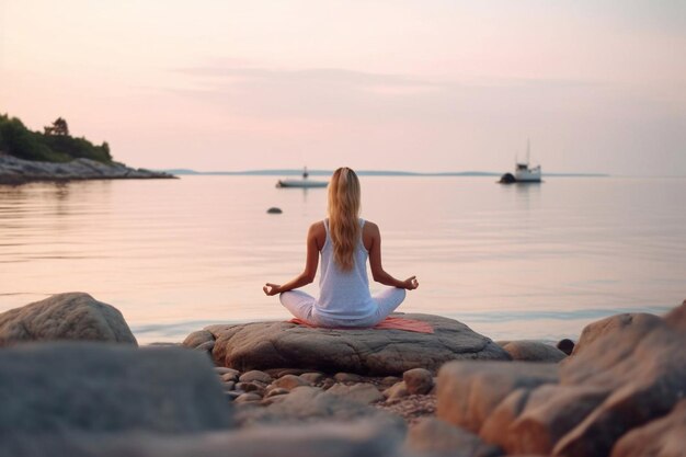 Mujer joven practicando yoga en la playa de arena del océano al atardecer IA generativa