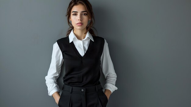 Mujer joven profesional en elegante vestimenta de negocios se encuentra con confianza moda de negocios moderna perfecto para perfiles corporativos IA