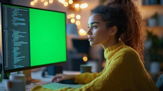 Mujer joven programando en la computadora