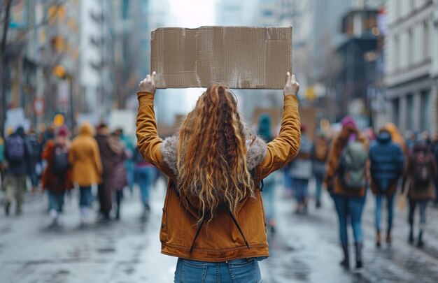 Mujer joven protestando en la calle con un cartel en blanco