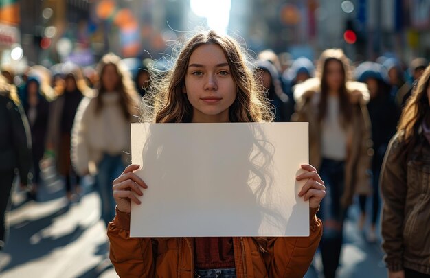 Mujer joven protestando en una manifestación con una pancarta en blanco