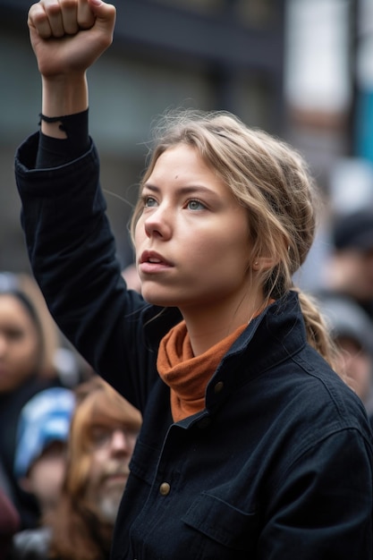 Una mujer joven con el puño levantado mientras protesta fuera de un edificio creado con ai generativo