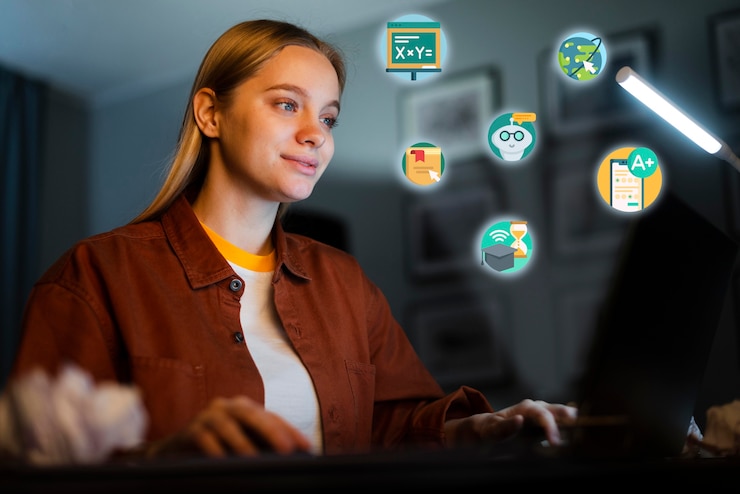 Foto mujer joven que aprende en su computadora portátil