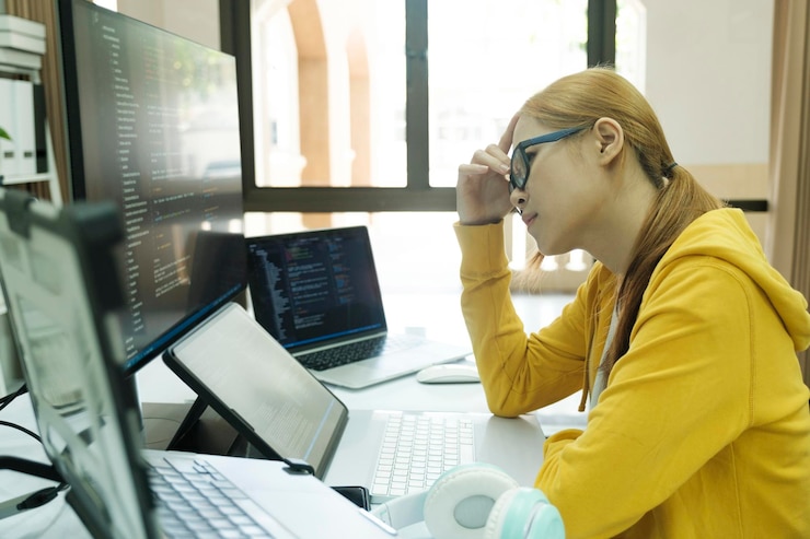 Foto mujer joven que cubre su rostro con el estrés del software de programación y codificación de trabajo