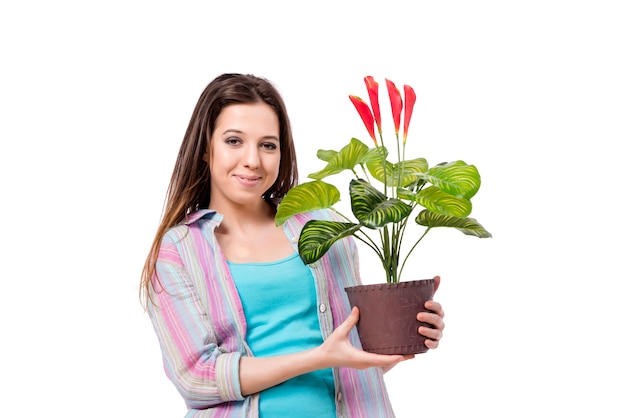 Mujer joven que cuida de las plantas aisladas en blanco