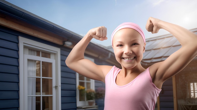 Mujer joven que lucha contra el cáncer de mama, usa un pañuelo rosa y aprieta sus brazos como luchadora sobreviviente