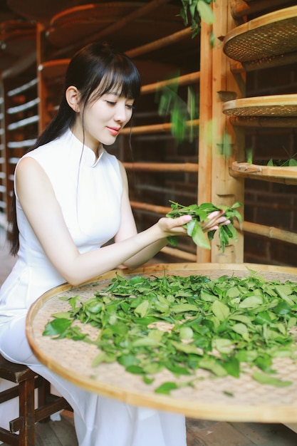 mujer joven que se relaja cerca de la plantación de té