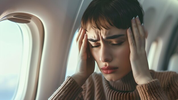 Foto mujer joven que se siente ansiosa durante el vuelo se sienta junto a la ventana del avión estrés en el viaje incomodidad emocional alivio del dolor de cabeza luz natural fotografía de estilo sincero ia