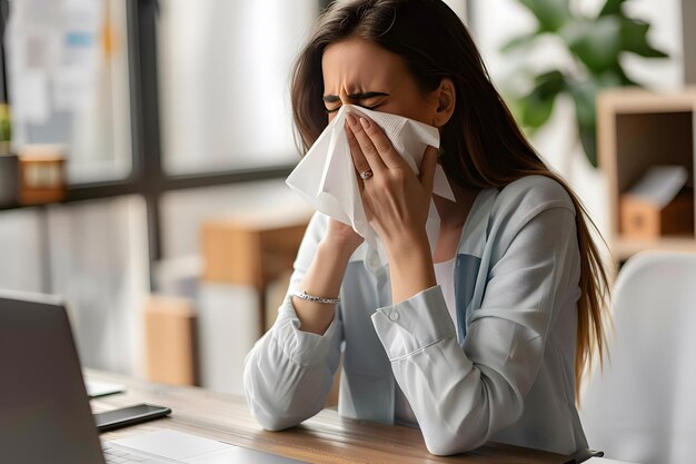 Mujer joven que sufre de secreción nasal o obstrucción nasal paciente con resfriado o gripe común con rinitis