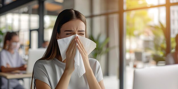 Foto mujer joven que sufre de secreción nasal o obstrucción nasal paciente con resfriado o gripe común con rinitis