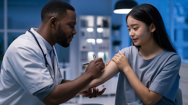 Mujer joven que tiene su brazo y codo examinados por un ortopedista masculino cita médica en la clínica