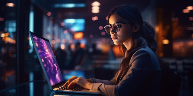 Mujer joven que trabaja en la computadora Estilo cyberpunk de neón