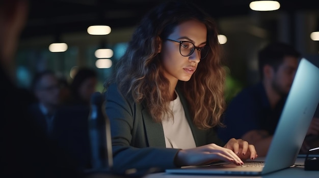 Mujer joven que trabaja con una computadora portátil Mujer independiente que se conecta a Internet a través de la computadora