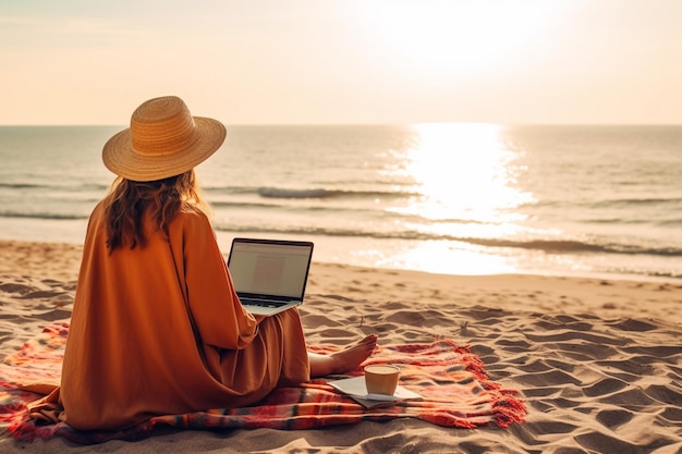 Mujer joven que trabaja con una computadora portátil en la naturaleza en la playa de verano IA generativa