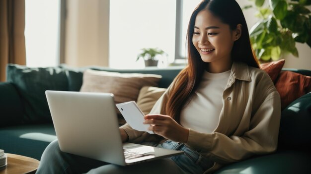 Mujer joven que trabaja en la computadora portátil