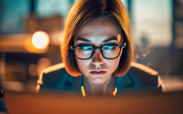 Mujer joven que trabaja en la oficina de computadora portátil Trabajador de IA Imagen generada