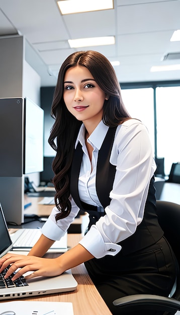 Mujer joven que trabaja en la oficina de negocios moderna