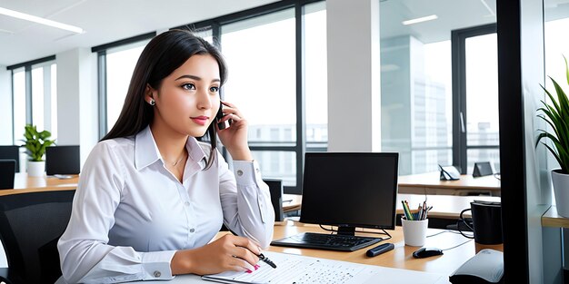 Mujer joven que trabaja en la oficina de negocios moderna