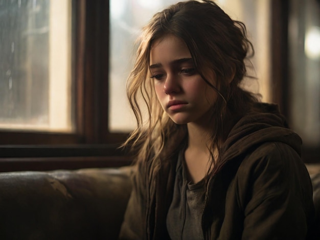 Foto una mujer joven que está triste