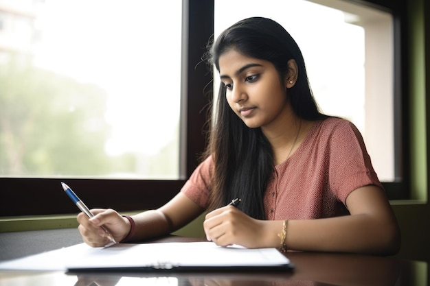 Una mujer joven que usa su tableta digital para estudiar creada con ai generativa