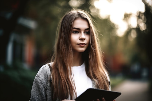 Una mujer joven que usa una tableta digital creada con IA generativa