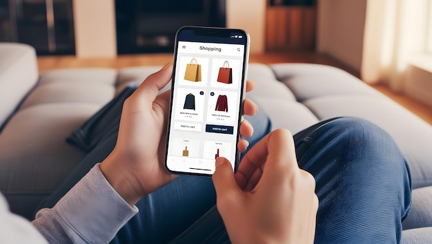 Mujer joven que usa teléfonos inteligentes para comprar en línea Pantalla del teléfono que muestra una aplicación de compras