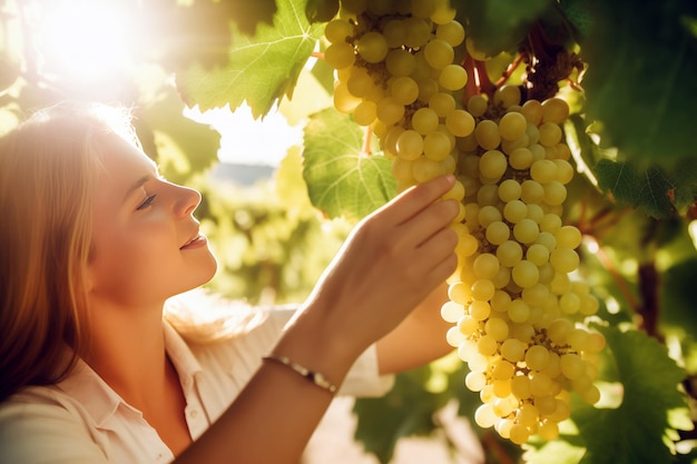 Mujer joven con un racimo de uvas en el viñedo en un día soleado