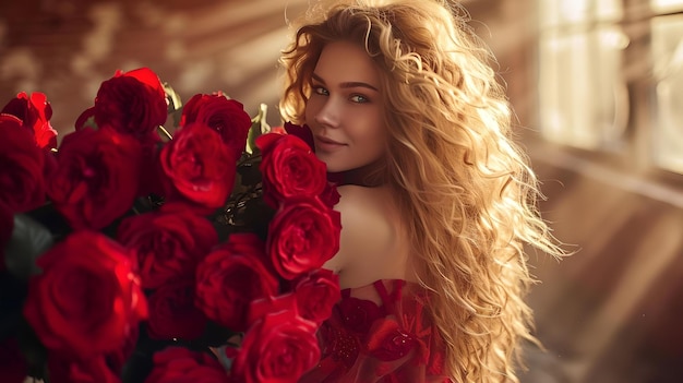 Mujer joven radiante abrazando un ramo de rosas rojas la luz del sol filtrando a través perfecto para conceptos románticos capturados en tonos cálidos con un enfoque suave IA