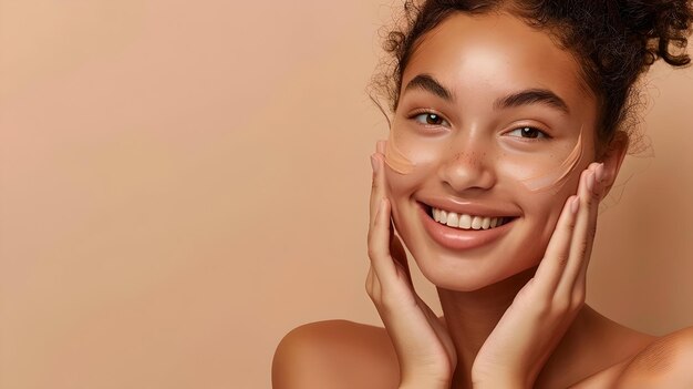 Mujer joven radiante que muestra piel clara con una expresión alegre concepto de belleza y cuidado de la piel en un fondo beige Ideal para publicidad de bienestar IA
