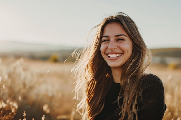 Mujer joven radiante riendo con la luz del sol