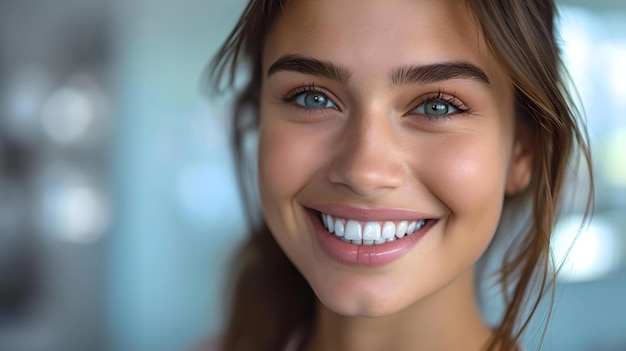 Foto mujer joven radiante sonriendo retrato de primer plano con fondo borroso belleza natural fresca capturada sin esfuerzo ai