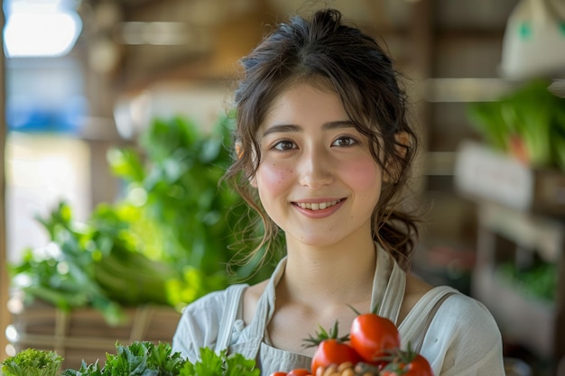 Mujer joven radiante sonriendo con tomates frescos y verduras en un entorno de cocina rústica