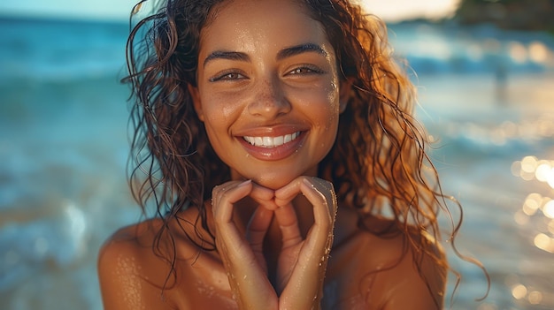 Mujer joven radiante sonriendo en traje de baño en la playa soleada