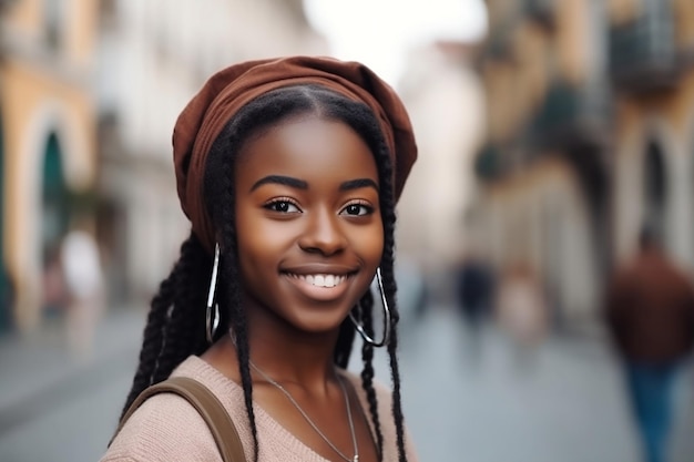 Una mujer joven con rastas sonríe en una calle.