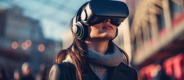 Foto mujer joven con realidad virtual o realidad virtual en un fondo panorámico de neón generado por ia