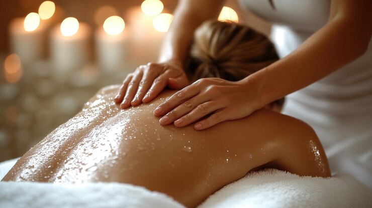 Una mujer joven recibe un masaje relajante en un spa IA generativa